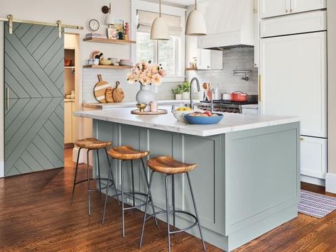 Subtle Colors For Walls, Light Blue And White Cabinets Kitchen, Clean Bright Kitchen, Big Bright Kitchen, Light Blue Cabinets Kitchen, Hidden Office Space, Baby Blue Kitchen, Peaceful Kitchen, Light Blue Kitchen