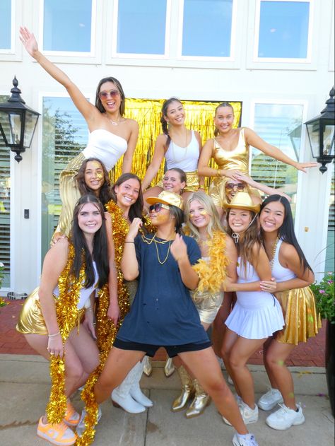 Sorority girls, delta gamma ⚓️, Greek life, Bama rush, work week recruitment sisterhood, philanthropy craft, go Greek Texas A&M University tamu aggie the golden years gold Gold Out Day Spirit Week, Gold Out Spirit Day, Gold Sorority Theme, Gold Rush Football Theme Outfits, Gold Rush Outfit, Gold Rush Theme, Fnl Themes, Football Game Outfit Highschool, Sorority Work Week