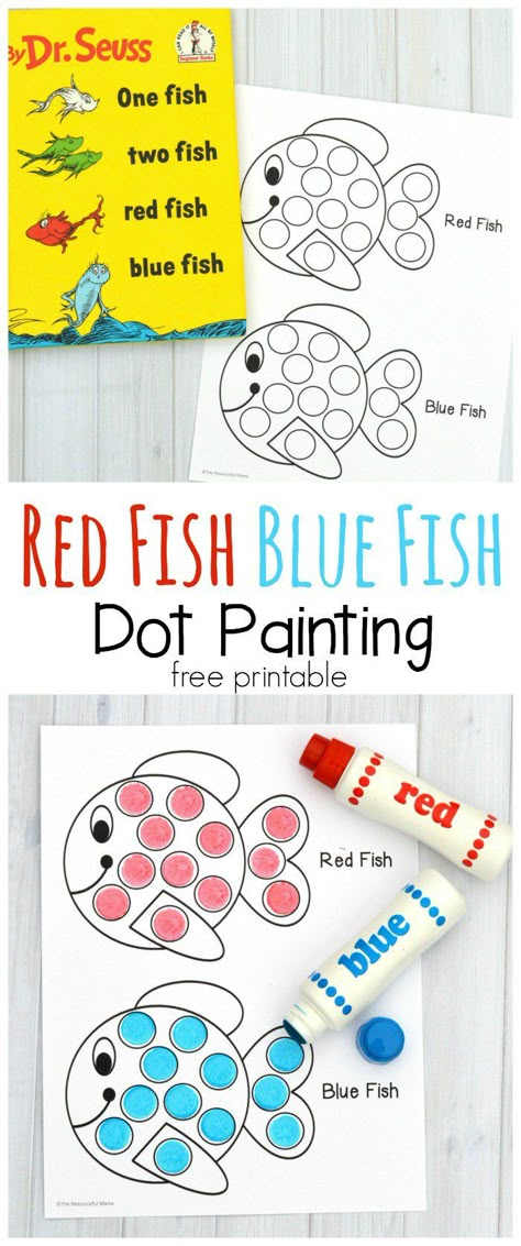 This dot marker printable pairs great with the classic Dr. Seuss book "One Fish Two Fish Red Fish Blue Fish. Use do a dot markers, bingo daubers, pom poms, or dot stickers. Dr Seuss Preschool Activities, Dr Seuss Preschool, Dr Seuss Classroom, Dr Seuss Activities, Dr Seuss Crafts, Fish Activities, Seuss Classroom, Seuss Crafts, Dr. Seuss