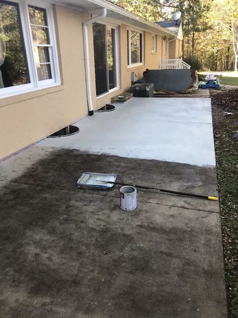 Concrete Patio Facelift | Hometalk Old Concrete Patio Makeover, Diy Concrete Patio, Concrete Stain Patio, Concrete Cleaner, Craftsman Style Doors, Old Concrete, Concrete Patio Makeover, Concrete Sealer, Painted Front Porches