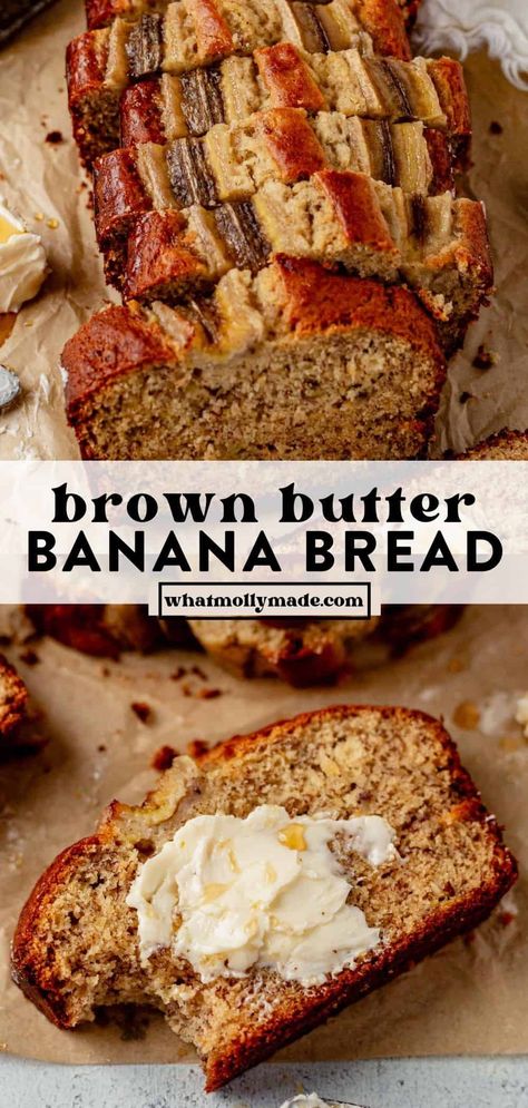 This brown butter banana bread features a soft crumb and moist texture. The brown butter gives it a rich and nutty flavor you can’t get anywhere else, while the sugar and banana give it a sweet flavor we all love in classic banana bread. You’ll need about 3 large overripe bananas! Sticky Banana Bread, Coffee Banana Bread, Brown Butter Banana Bread, Brown Sugar Banana Bread, Rich Banana Bread, Banana Recipes Overripe, Ripe Banana Recipe, Butter Banana Bread, Classic Banana Bread