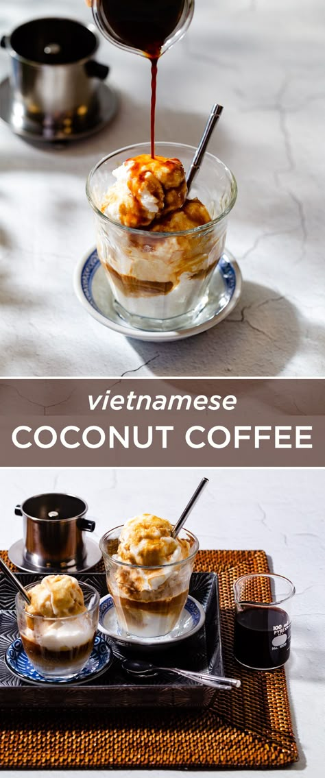 This coconut coffee is a popular drink in cafés all over Vietnam. It’s a blended coconut slushy made with coconut cream, sweetened condensed milk, and ice that gets topped with some Vietnamese coffee. Coconut Milk Coffee, Vietnamese Coffee, Ice Milk, Coconut Coffee, Coffee Mix, Coconut Ice Cream, Coffee Recipe, Brewed Coffee, Coffee Ice Cream