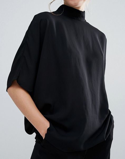 Image 3 of Monki Zip Back Blouse                                                                                                                                                                                 More Black Blouses, Short Sleeve Turtleneck, Black Minimal, Casual Turtleneck, Dressy Casual Outfits, Women's Button Down Shirt, Minimal Outfit, Black Accessories, Casual Tops For Women