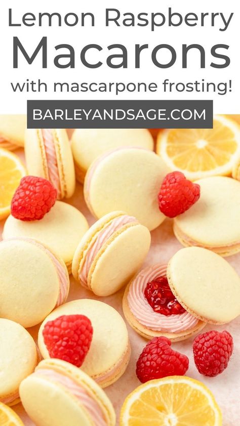 These raspberry lemon macarons have a light, French macaron shell filled with lemon mascarpone frosting and tangy raspberry jam! Macaroon Cookies Recipe, French Macaroon Recipes, Raspberry Macarons, Lemon Mascarpone, Lemon Macarons, Macarons Recipe, Macaron Filling, Mascarpone Frosting, Macaroon Cookies