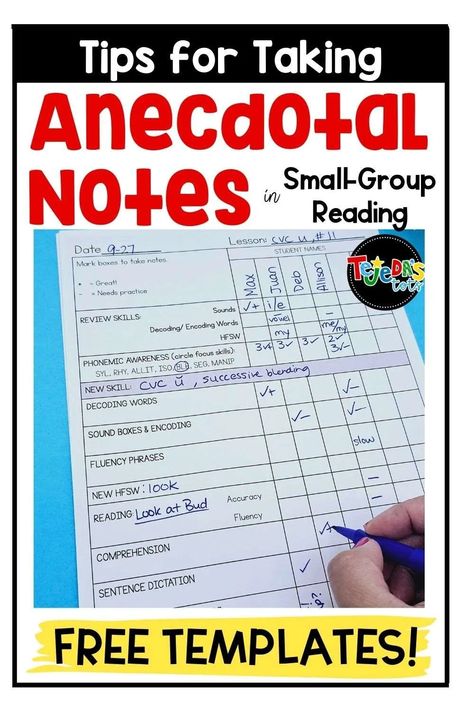 Get free templates & tips for using anecdotal notes in small-group reading to track progress and plan instruction in kindergarten & 1st grade. Small Group Notes, Reading Specialist Classroom, Phonics Sight Words, Grouping Students, Anecdotal Notes, Literacy Centres, Teaching Main Idea, Phonics Resources, Decoding Words