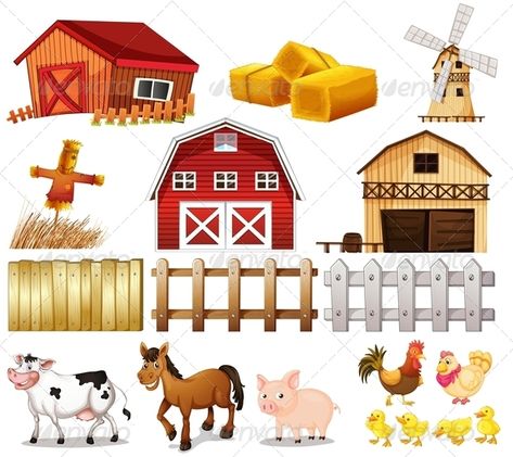 Illustration of the things and animals found at the farm on a white background Farmhouse Illustration The Farm, Farm Vector, Farm Animals Decor, Inkscape Tutorials, Farm Animal Crafts, Farm Images, Farm Theme, Art Drawings For Kids, Animal Clipart