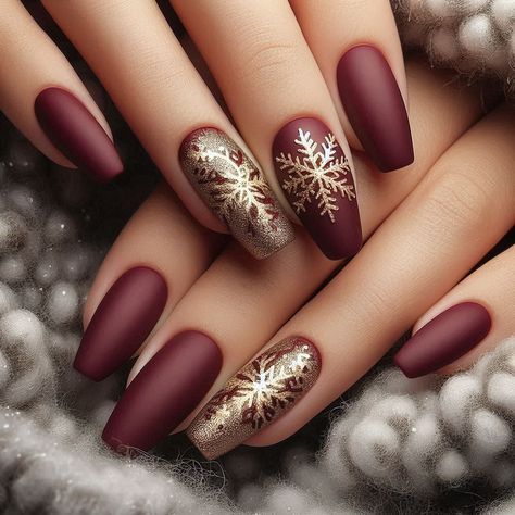 Matte Snowflake Nails, Burgundy And Gold Christmas Nails, Winter Nails Burgundy, Matte Winter Nails, Dec Nails, Elegant Christmas Nails, Nail Art Noel, Gold Acrylic Nails, Nail Shimmer