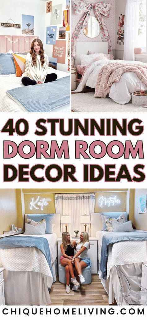 Elevate your dorm room with style and personality using these "40 Stunning Dorm Room Decor Ideas." This curated collection offers a diverse range of design inspirations, catering to different tastes and preferences to transform your dorm space into a personalized haven. Sophisticated Dorm Room, Glam Dorm Room Ideas, Love Shack Fancy Dorm Room, Girls Dorm Room Ideas Decoration, Dorm Rooms For Girls College, Door Room Ideas, Pastel Dorm Room Ideas, Southern Dorm Room, Dorm Room Bedding Ideas