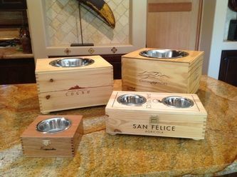 Wine box repurpose into dog food water bowls Wine Crate Crafts, Wine Crate Diy, Wine Box Diy, Wine Box Crafts, Wooden Wine Crates, Crate Crafts, Wine Crates, Wood Wine Box, Cats Stuff