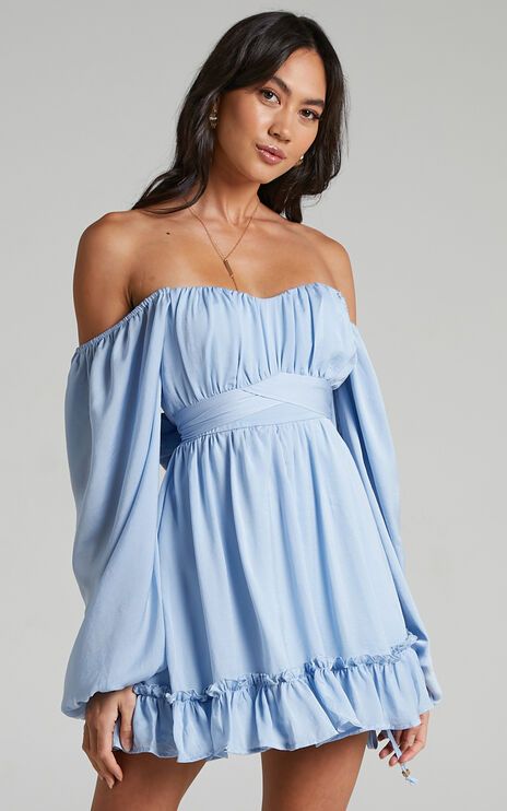 Zaire Mini Dress with Bodice Detailing in Dusty Blue - 06, BLU1 Long Balloons, Flowy Skirt, Trim Detail, Dusty Blue, Ruffle Trim, Sweetheart Neckline, Off Shoulder Blouse, Bodice, Dress Up