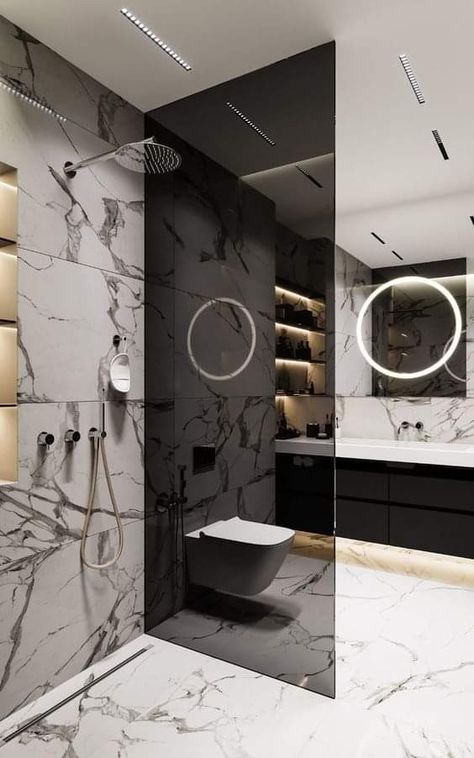 Small Black And White Bathroom, Black And White Marble Bathroom, Top 10 Bathroom Designs, Black And White Bathroom Ideas, Bathroom Loft, Toilet Bidet, Washroom Decor, Best Bathroom Designs, Marble Showers