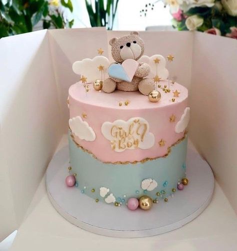 Gender Reveal Ideas For Cake, Gender Reveal Cake Teddy Bear, Gender Reveal Cake Decoration, Baby Gender Cake Ideas, Pink And Blue Baby Shower Cake, Cakes For Gender Reveal, Deco Gender Reveal, Gender Reveal Bear Cake, Cute Gender Reveal Cakes