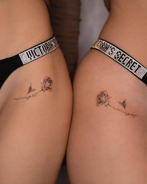 Matching Rose Tattoos Best Friends, Matching Roses Tattoo, Small Matching Hip Tattoos, Matching Tattoos Rose, Best Friend Tattoos Collar Bone, Matching Thigh Tattoos Best Friends, Matching Hip Tattoos Women, Rose Matching Tattoo, Rose Tattoo Matching