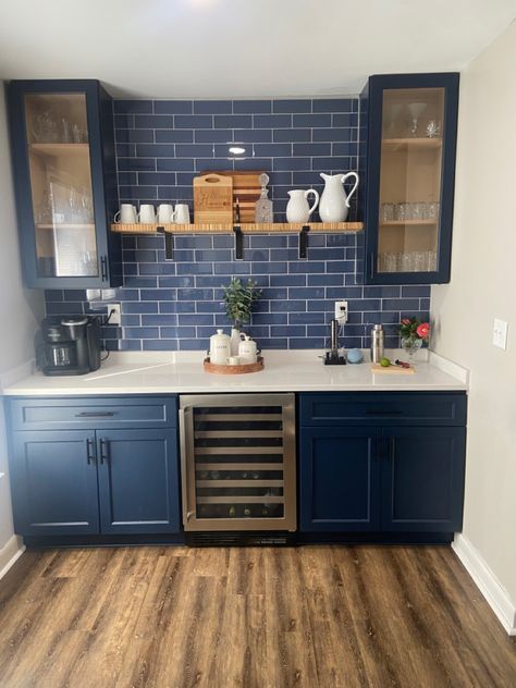 Navy Kitchen White Countertops, Blue Cabinets Bar, Navy Blue Coffee Bar, Navy Blue Cabinets, Kitchen Butcher Block, Wine And Coffee Bar, White Upper Cabinets, Bar Nook, Navy Cabinets