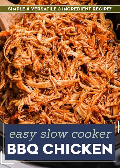 Perfect for a crowd, this slow cooker bbq chicken is made with just 3 simple ingredients! The shredded meat is great piled on a bun, used in quesadillas, salads, pizzas, and more! Crockpot Bbq Pulled Chicken Frozen, Shredded Chicken Sliders Crockpot, Slow Cooker Bbq Chicken Sliders, Pulled Chicken Crock Pot Recipes Bbq, Slow Cooker Chicken Sliders Recipes, Shredded Bbq Chicken Recipes Crockpot, Easy Bbq Pulled Chicken Crockpot, Crockpot Shredded Barbecue Chicken, Shredded Chicken For A Crowd