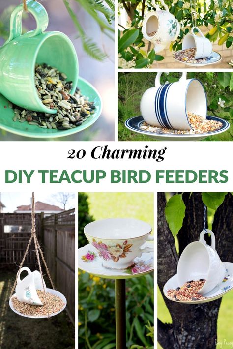 Spring has finally sprung and having a teacup bird feeder in your yard is a great way to attract beautiful winged friends!  The great thing about DIY teacup bird feeders is that they are super easy to make and add some additional beauty to your yard and porch. Teacup Bird Feeders, Teacup Crafts, Homemade Bird Feeders, Tea Cup Bird Feeder, Bird Bath Garden, Diy Bird Feeder, Tea Diy, Diy Birds, Bird Houses Diy