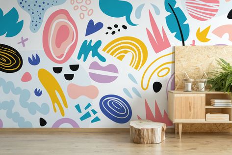 Liven up your interior with an abstract colorful shapes mural. It is a perfect solution for a temporary application since it works like a sticker - just peel and stick. You can also easily remove it when needed. All photo murals are printed on strips with a slight overlap for easy installation! ✈️ FREE EXPRESS SHIPPING WORLDWIDE ✈️ How to purchase a Geometric triangle print removable mural? 1. Measure the area you want to cover with photomural. 2. Check if any of our standard size photomurals ma Shapes Wallpaper, Kindergarten Wallpaper, Wallpaper Colorful, Photo Mural, Mural Ideas, Mural Wall, All Photo, Nursery Wallpaper, Mural Wall Art