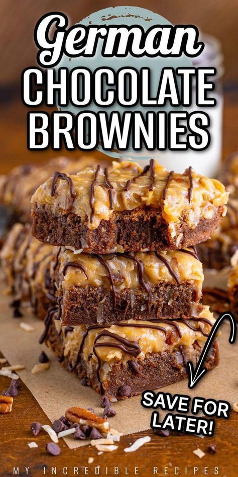 Try this unique twist on on a classic chocolate treat with these homemade German chocolate brownies. They’re ooey, gooey, and loaded with the perfect combination of coconut, pecans, and chocolate! These German chocolate brownies are an explosion of amazing chocolate flavors that blend so well with the delicious topping. These brownies are so easy to make and are perfect to serve tonight as your dessert! Try them today! #Kids�PartyFavorites Easy Travel Dessert Recipes, Comfort Sweets, Chocolate Dessert Bar, German Chocolate Brownies, Brownie Bars, Best Brownie Recipe, German Baking, Best Chocolate Desserts, Brownie Ingredients