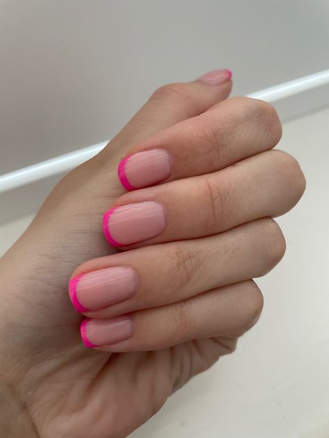 Nails Pink Tip Biab Nails, Very Short Gel Nails French Tips, French Manicure Hot Pink Tips, Pink French Tip Real Nails, Pink Small French Tip Nails, Micro Pink French Nails, Natural Nail Pink French Tip, Gel Manicure Pink French Tip, Pink French Tips Natural Nails