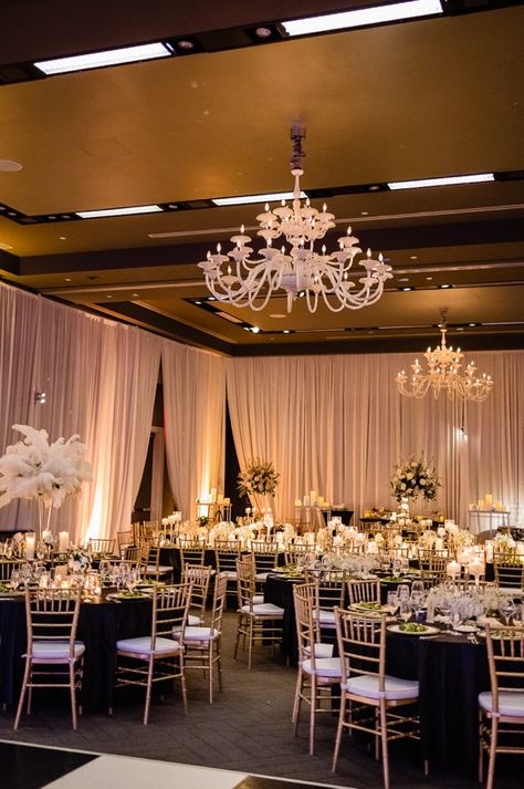 Banquet Hall Decoration For Engagement, Black White Reception Decor, Formal Ball Decorations, Graduation Party Hall Decorations, Black Debut Theme, Black White And Gold Reception, Black And Gold Quinceanera Decorations, Black And Gold Quince Decorations, Graduation Venue Ideas