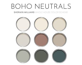 Farmhouse Boho Paint Colors, Boho Luxe Color Palette, Living Room Boho Paint Color Ideas, Zen Room Colors Colour Palettes, Scandinavian Boho Color Palette, Boho Bedroom Paint Colors Behr, Boho Color Scheme Living Rooms, Bohemian Living Room Wall Colors, Cozy Home Paint Palette