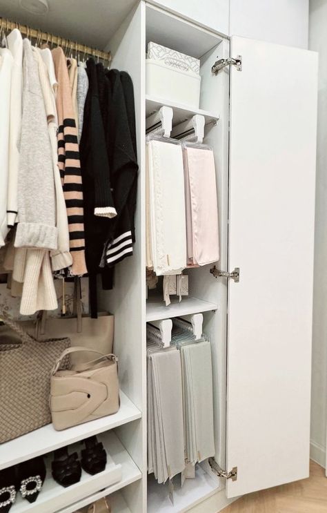 SCARF STORAGE Scarf Storage, Dressing Ideas, Closet Renovation, Pax Wardrobe, Walk In Wardrobe, Wardrobe Closet, Closet Storage, Aesthetic Room Decor, Aesthetic Room