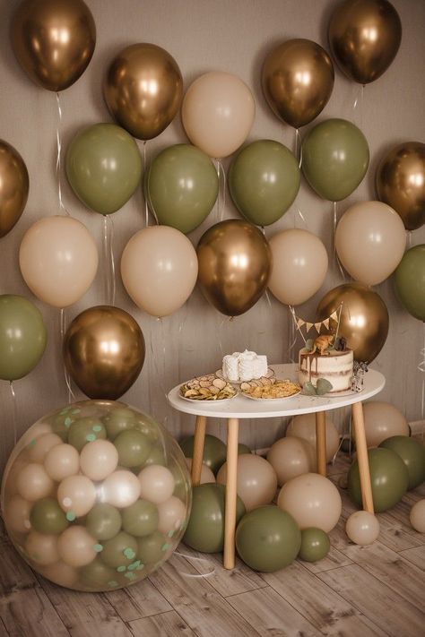 Earth Tones Party Decor, Green And Brown Birthday Party Ideas, Green And Brown Party Decorations, Earth Tones Birthday Party Decor, Green And Beige Birthday Decor, Green Boho Birthday Party, Earth Tones Birthday Party, Earthy Theme Party, Birthday Color Theme Ideas