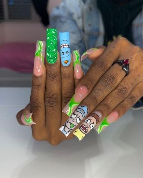 Rick And Morty Nails Acrylic, Rick And Morty Nails, Nails On Black Women, Easter Nails 2023, Spongebob Nails, Cartoon Nail Designs, Nails Disney, Summer Nails Art, Spring Leaf