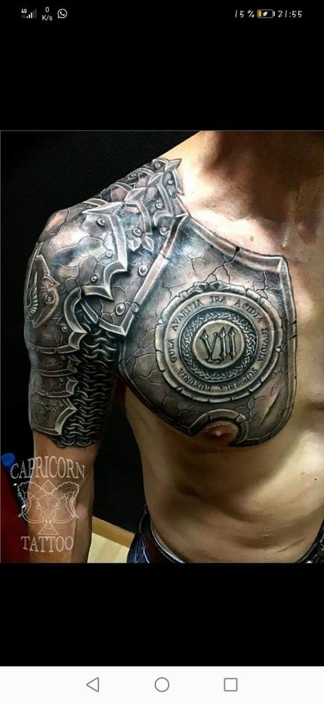 Chest Armor Tattoo Design, Shoulder Shield Tattoo For Men, Gladiator Shoulder Tattoo, Roman Chest Tattoo, Armor Tatoos, Chest Armor Tattoo, Armor Shoulder Tattoo, Shoulder Armor Tattoo Design, Armor Tattoo Sleeve