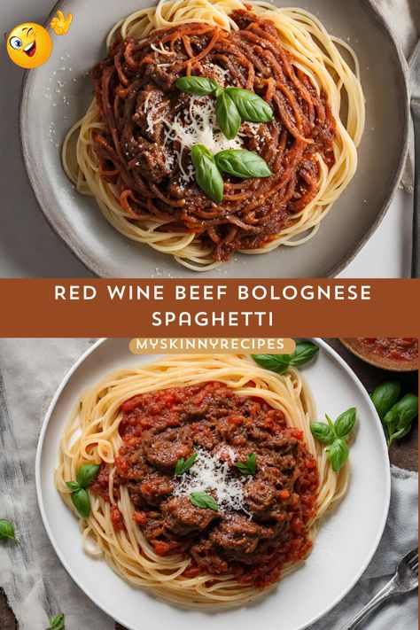 Indulge in the rich flavors of our Red Wine Beef Bolognese Spaghetti! Made with tender ground beef simmered in a savory red wine-infused tomato sauce, this classic Italian dish is perfect for a cozy night in. Serve over al dente spaghetti noodles and garnish with Parmesan cheese for a comforting meal that's sure to please. Don't forget the fresh basil leaves for a burst of freshness #myskinnyrecipes Beef Red Sauce Pasta, Bolognese Sauce With Red Wine, Red Wine Bolognese Sauce, Ground Pork Spaghetti Sauce, Ground Beef And Spaghetti Noodles, Red Sauce Pasta Recipes Ground Beef, Bolognese Spaghetti, Beef Bolognese, Red Wine Beef