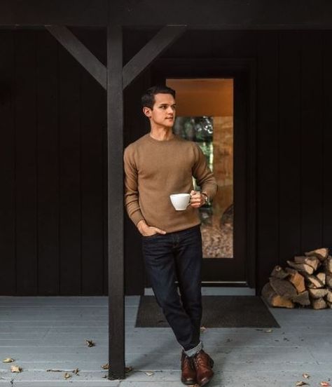 @adamgonon from @gentlemanscreative staying warm during his morning coffee in our Camel Cashmere-Wool Blend Crew Neck in the Catskills.⁠ ⁠ ⁠ #menswear #classicmenswear #classicmenstyle #mensfashion #mensfashiontips #menstyleguide #sweaters #knitwear #sweaterweather #sweaterseason #madeinscotland #fallfashion #winterwear #winstonandco #dapper #gent #camel #cashmere Camel Jumper Outfit, Jumper Outfit Men, Camel Sweater Outfit, Camel Outfit, Black Blazer Men, Camel Sweater, Work Fits, The Catskills, Jumper Outfit