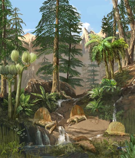 Scene from Permian period, when climate turned cool and dry and allowed for Gymnosperms to become dominant. Permian Period, Mesozoic Era, Prehistoric Wildlife, Prehistoric Dinosaurs, Dinosaur Pictures, Dinosaur Illustration, Prehistoric World, River Landscape, Prehistoric Art