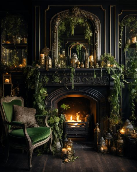 Black Green Furniture, Green Victorian House Interior, Green And Black Fireplace, Slytherin Aesthetic Living Room, Moody Fireplace Room, Dark Victorian Aesthetic Living Room, Gothic Fireplace Decor, Green Gothic Living Room, Dark Green Victorian Bedroom