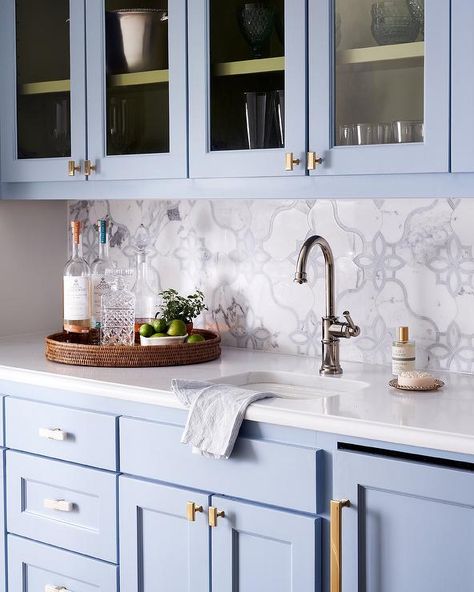 Periwinkle Blue Cabinets with White and Gray Marble Mosaic Tiles - Transitional - Kitchen Periwinkle Kitchen, Tori Rubinson, Beadboard Trim, House Transformation, Rock House, Industrial Aesthetic, Bar Faucet, Glass Front Cabinets, Kitchen Pantry Cabinets