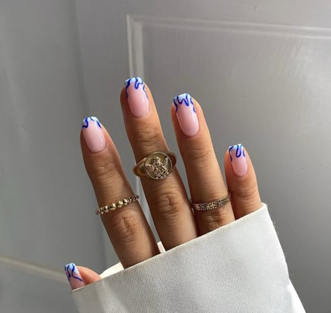 Simple Nail Art Square, Blue Biab Nails Designs, Blue And Nude Nail Designs, Subtle Blue Nails, Minimalist Blue Nails, Blue Biab Nails, Marrakech Nails, Nude And Blue Nails, Blue And Nude Nails