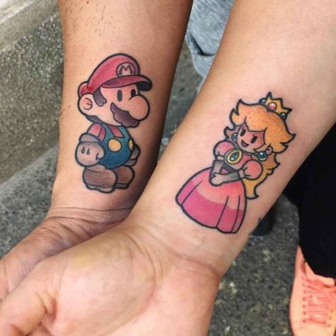 Matching Tattoos For Lovers, Super Mario Tattoo, Matching Tattoos For Siblings, Avocado Tattoo, Nintendo Tattoo, Him And Her Tattoos, Peach Tattoo, Puzzle Piece Tattoo, Mario Tattoo