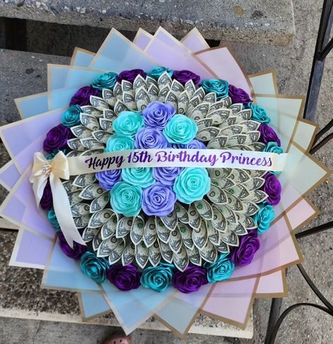 Isn't this beautiful 😍 💜💙 36 roses & 50 bills Money Bouquets for any occasion! 💐✨️ DM to place order #moneybouquet #ramobuchondedinero #ramodedinero #rosaseternas #eternalroses #rosasdeliston #ramoconbilletes #36rosas #handmaderoses #handmade #personalizedgifts #eternalgifts #eternalflowers Money Bouquets, Happy 15th Birthday, Money Bouquet, 15th Birthday, Princess Birthday, Bouquets, Personalized Gifts, Roses, Money