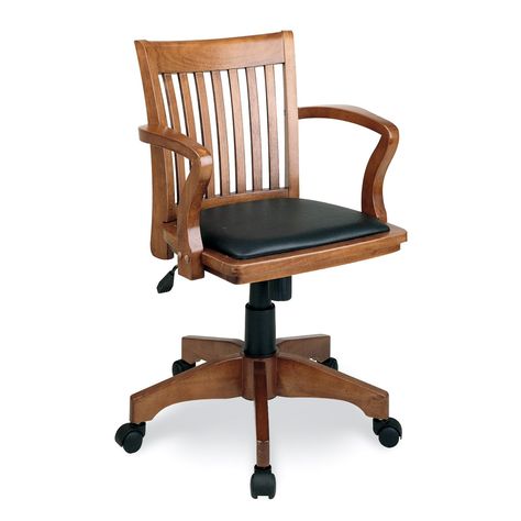 Have to have it. OSP Designs Deluxe Bankers Chair with Vinyl Padded Seat - Fruitwood with Black Vinyl - $177.99 @hayneedle.com Wood Desk Chair, Reception Office, Wooden Office Chair, Bankers Chair, Wooden Desk Chairs, Hanging Chair From Ceiling, Office Chair Without Wheels, Sun Chair, Swivel Chair Desk