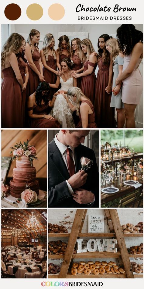 Plus size bridesmaid dresses in chocolate brown on sale under $100, 600+ custom-made styles and all sizes, white bridal gown, navy bridegroom suit and chocolate brown ties, chocolate brown wedding cake with white and pink flower décor, white wedding tablecloth with chocolate brown napkins, chocolate brown wedding desserts. #colsbm #bridesmaids #bridesmaiddresses #weddingideas #brownwedding #weddingties #weddingcake #weddingtablecloth #weddingdesserts #plussizedress #chocolatebrowndress b2240 Brown Wedding Cake, Brown Suit Wedding, Chocolate Brown Bridesmaid Dress, Brown Napkins, Brown Wedding Dress, Brown Wedding Cakes, Chocolate Brown Wedding, Chocolate Bridesmaid Dresses, Brown Wedding Themes