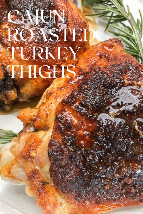 These Cajun Roasted Turkey Thighs with beautiful brown crispy skin are moist, delicious and a perfect alternative to making a whole turkey. #turkeythighrecipes #turkeythanksgivingrecipes #turkeythighsbaked | cookingwithbliss.com Cajun Roasted Turkey, Cajun Roast, Roasted Dinner, Turkey Thigh Recipes, Roasted Turkey Thighs, Turkey Thigh, Turkey Roasted, Spiced Shrimp, Cajun Turkey