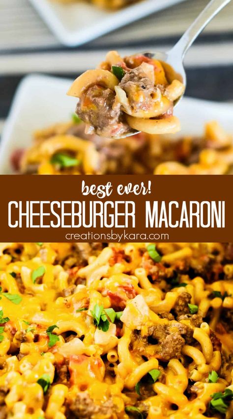 This CHEESEBURGER MACARONI is a tasty homemade version of hamburger helper. With ground beef, onions, garlic, spices, macaroni and a creamy cheese sauce, it is the perfect comfort food any night of the week! #cheeseburgermacaroni #cheeseburgermacandcheese #groundbeefmacandcheese #easygroundbeefrecipe -from Creations by Kara Creations By Kara, Ground Beef Macaroni Recipes, Munster Cheese Recipes, Homemade Cheeseburger Macaroni, Macaroni Hamburger, Hamburger Mac And Cheese, Beef Mac And Cheese, Cheeseburger Mac And Cheese, Baked Hamburgers