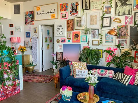 INTERIOR TRENDS 2024 | What is cluttercore style trend Gallery Wall Studio Apartment, Blue Couch Maximalism, Apartment Blue Couch, Mismatched Decor, Mixed Media Gallery Wall, Funky Gallery Wall, Apartment Colorful, Ecclectic Decor, Funky Apartment