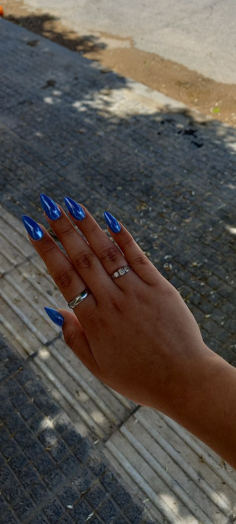 Blue Mirror Nails, Metallic Blue Nails, Mirror Long, Long Square Nails, Mirror Nails, Blue Acrylic Nails, Blue Mirror, Metallic Nails, Acrylic Nails Coffin