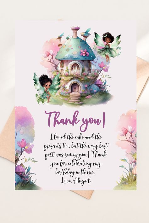 Magical Forest Birthday, Fairycore Birthday, Fourest Birthday, Enchanted Forest Birthday Party, Enchanted Forest Birthday, Birthday Thank You Notes, Birthday Details, Forest Birthday Party, Fairy Garden Birthday