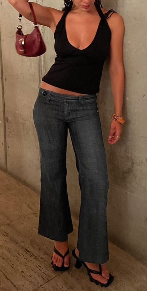 90s Bar Outfit, 70s Soft Rock Aesthetic, Europe Bar Outfit, Vintage Low Rise Jeans Outfits, 2000s Going Out Top, Low Rise Flare Jeans Outfit Aesthetic, Whimsigoth Going Out Outfit, Symphony Outfit, Jazz Bar Outfit