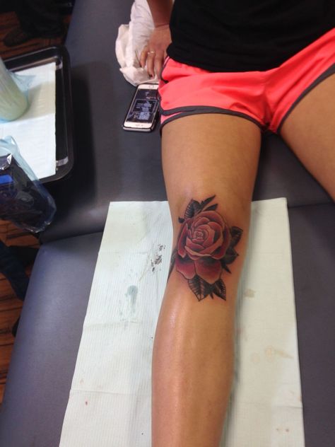 Rose tattoo Pretty Tattoos For Women, Knee Tattoo, First Tattoo, Rose Tattoos, Pretty Tattoos, Rose Tattoo, Thigh Tattoo, Ink Tattoo, Tattoos For Women