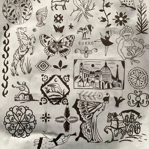 Folk Pattern Tattoo, Folktale Tattoo, Mexican Folk Art Tattoos, Folk Tattoos, City In The Mountains, Folk Tattoo, Poked Tattoo, Father Tattoos, Flash Sheets