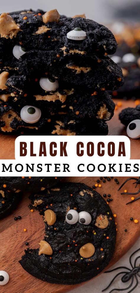 Black Halloween monster cookies made with black cocoa to give them that deep dark color, Halloween nonpareil sprinkles, peanut butter chips, and eyeball candies for an extra spooky finish! These will be the highlight of your next Halloween party! Black Halloween Food, Black Food Ideas For Color Party, Black Snacks For Color Party, Artist Cookies, Halloween Monster Cookies, Monster Cookies Halloween, Spooky Cookies, Easy Halloween Cookies, Monster Cookies Recipe