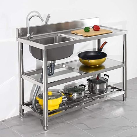 Free Standing Stainless-Steel Single Bowl Commercial Restaurant Kitchen Sink Set w/ Faucet & Drainboard, Prep & Utility Washing Hand Basin w/ Workbench & Double Storage Shelves Indoor Outdoor (39.5in) - - Amazon.com Free Standing Kitchen Sink, Restaurant Sink, Kitchen Work Tables, Commercial Sink, Outdoor Sinks, Kitchen Stand, Utility Sink, Steel Shelf, Bowl Sink