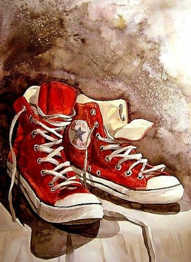 Artwork Creative, Red Converse, Red Sneakers, Traditional Paintings, Shoe Art, Red Shoes, Converse Shoes, Art Lessons, Still Life